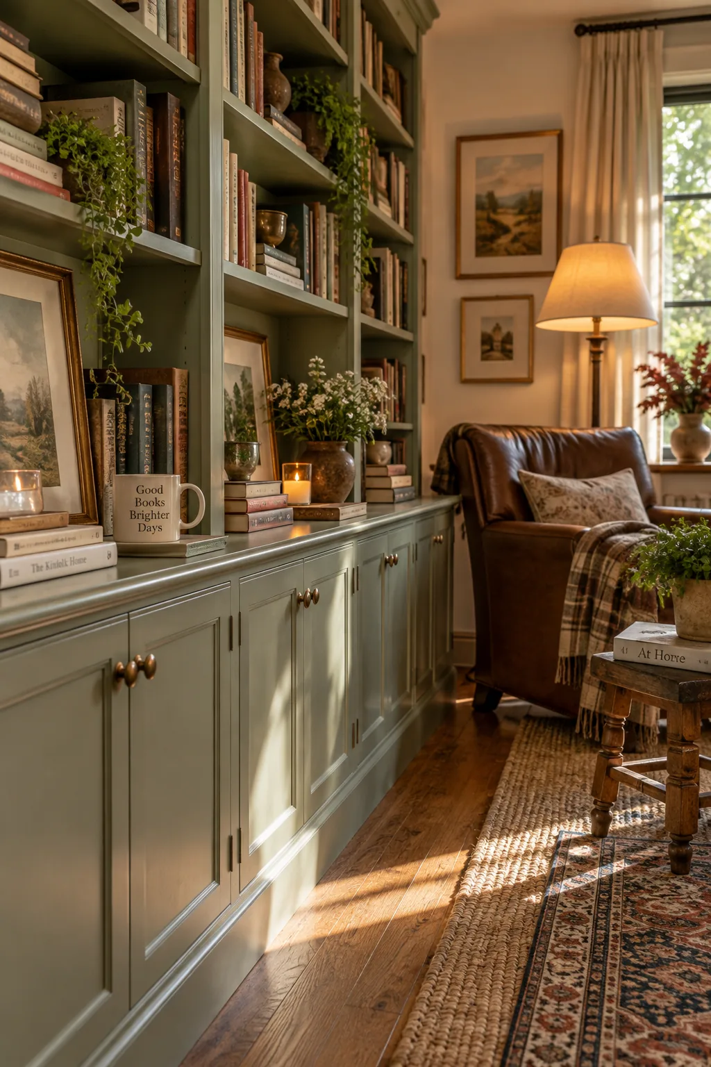Tall open bookcases resting on top of closed lower cabinets painted in a soft gray.