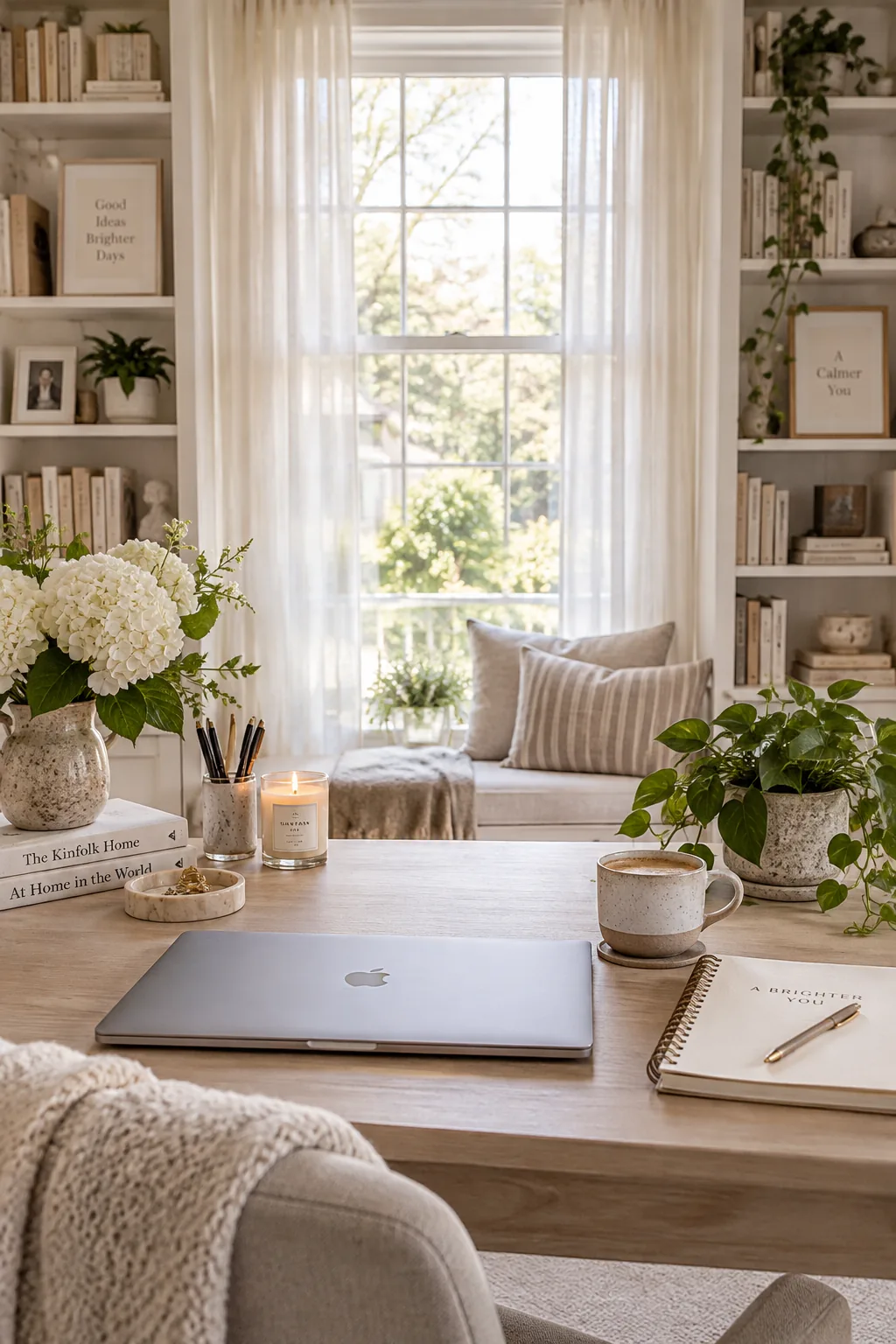 Desk facing a window with tall bookshelves on sides