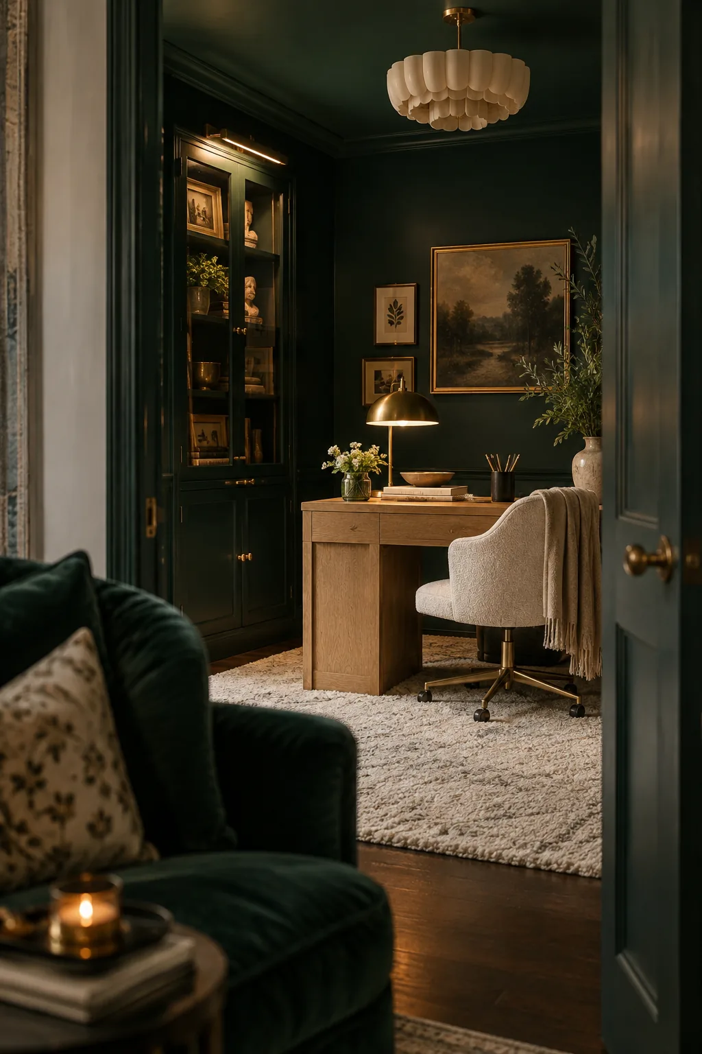 Home office painted in dark emerald green with light oak desk