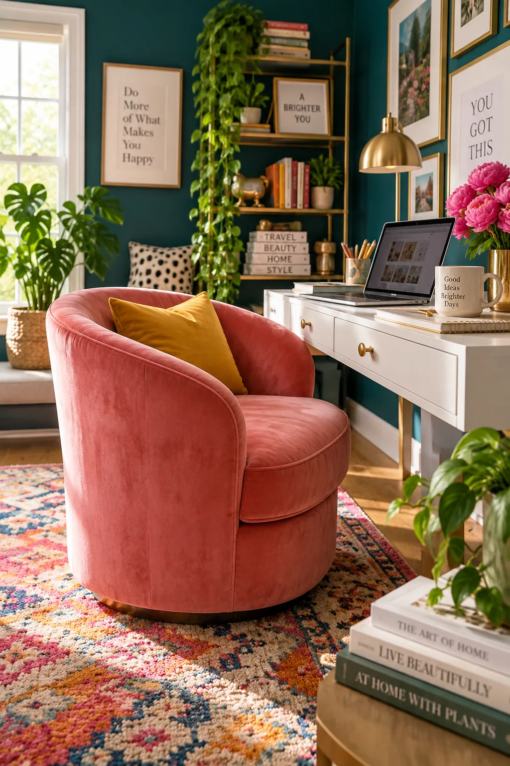 Velvet barrel chair used as a desk chair