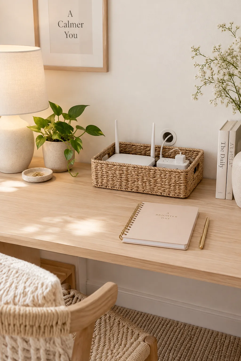 Woven basket on the floor hiding cords and router