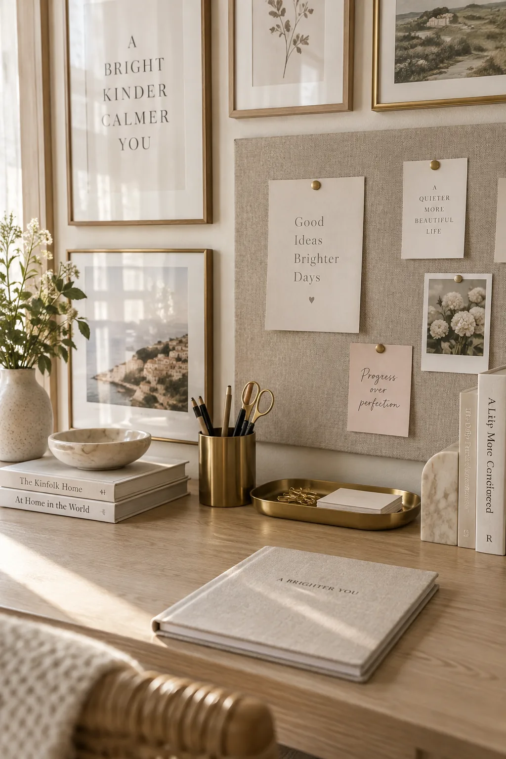 Gallery wall above a desk with a linen pinboard and brass tray