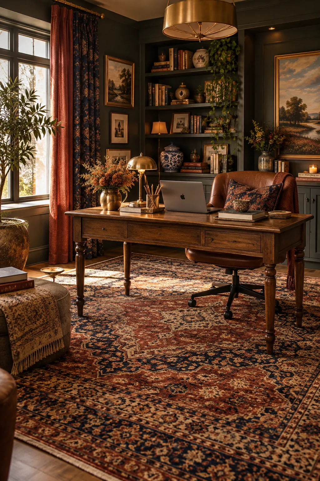 Vintage Persian rug under a home office desk