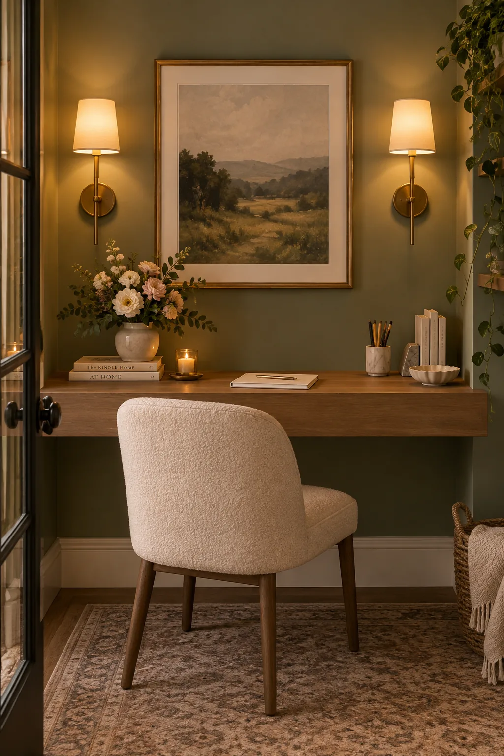 Floating desk flanked by identical matching wall sconces
