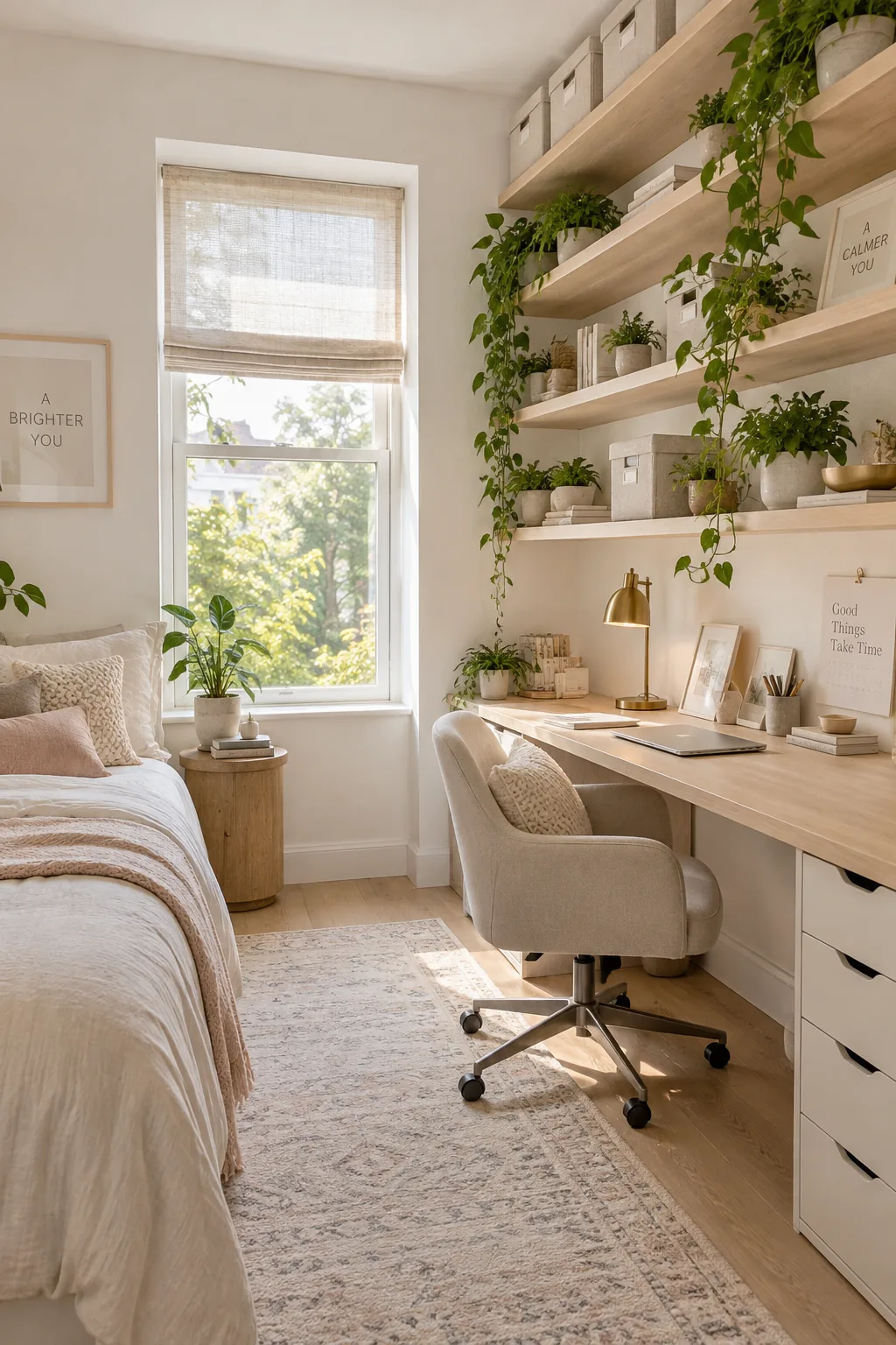 Floating shelves installed to the ceiling above a desk