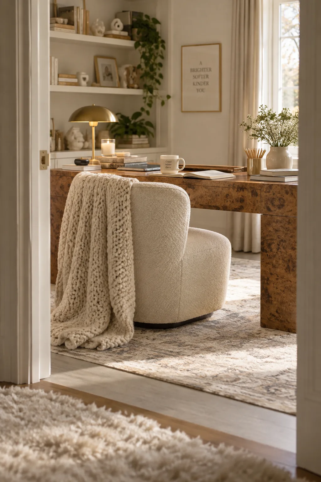 Burl wood desk paired with a boucle chair and knit throw