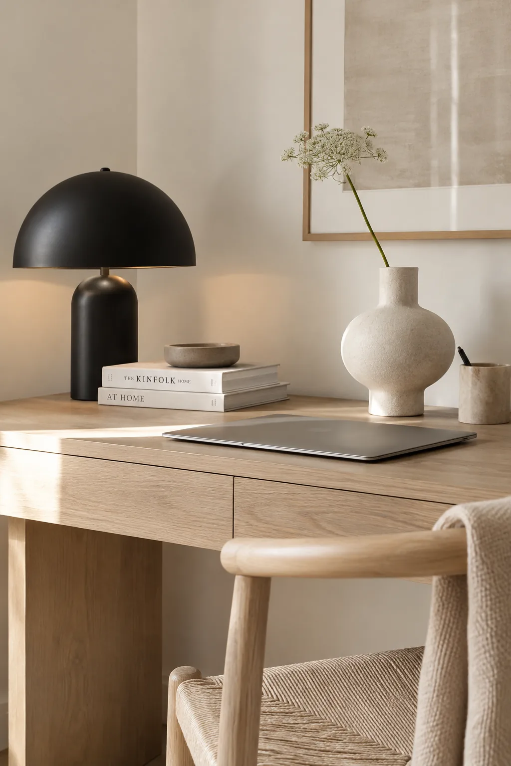 Minimalist home office with warm white walls and ash wood desk