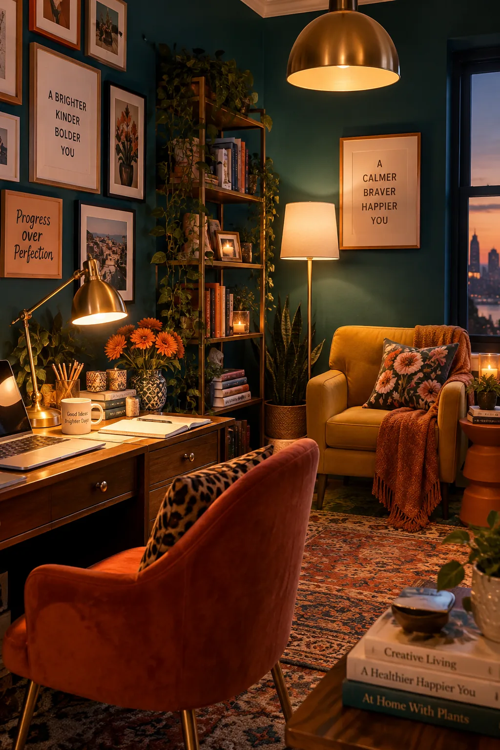 Home office featuring a brass task lamp and a floor lamp