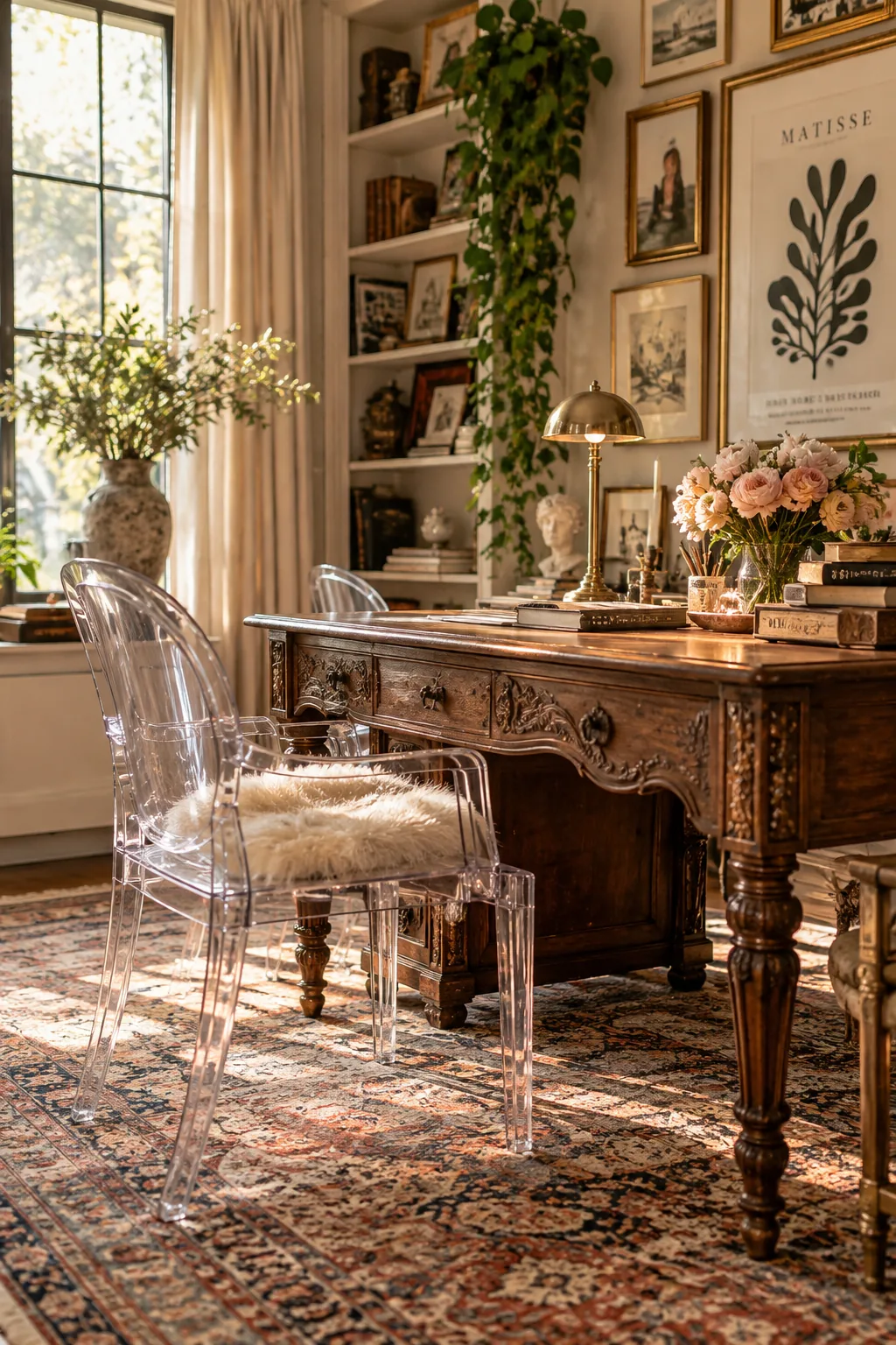 Antique writing desk paired with modern acrylic ghost chairs