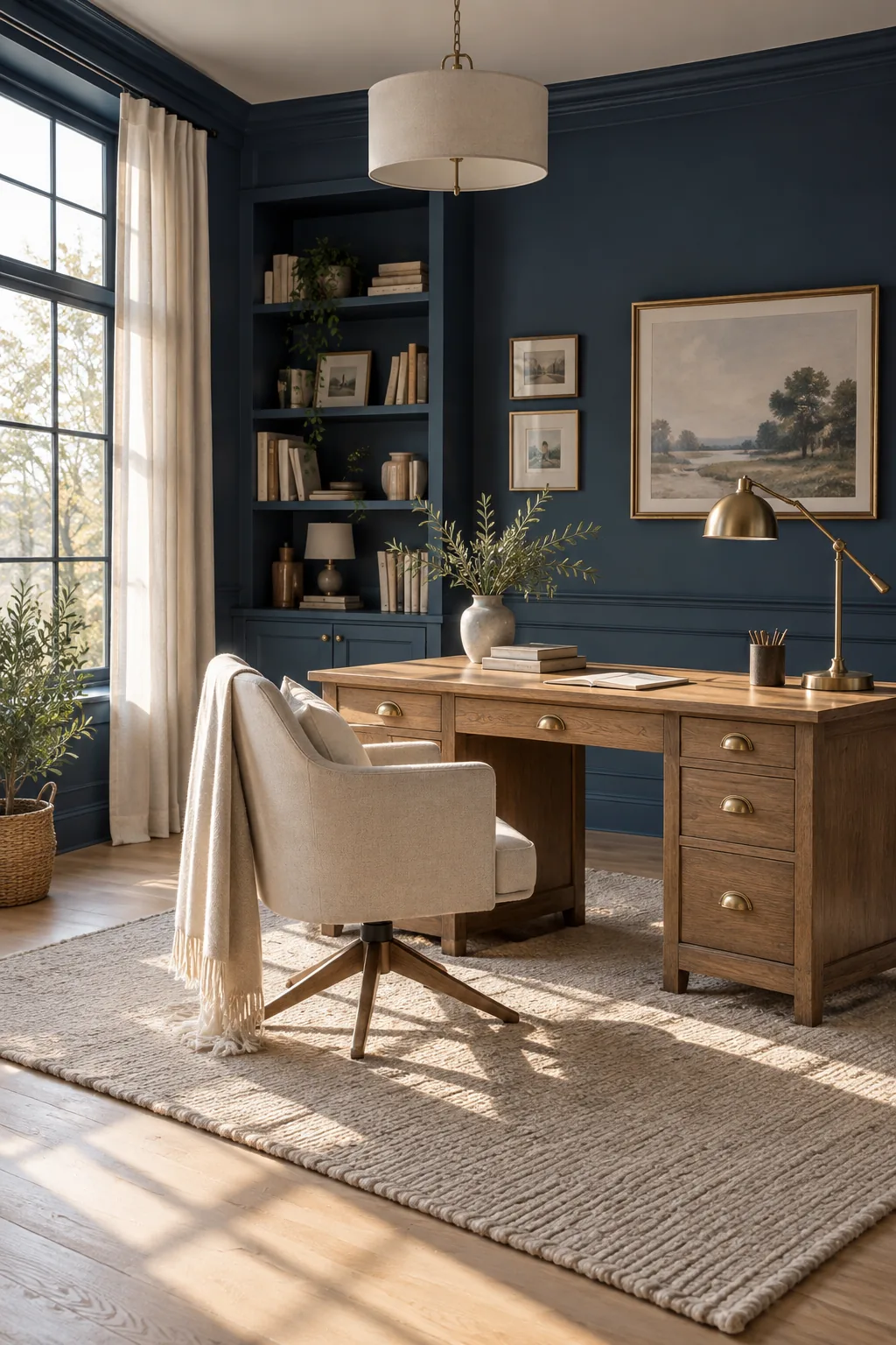 Home office with dark navy blue walls, a wooden desk, and brass lamp