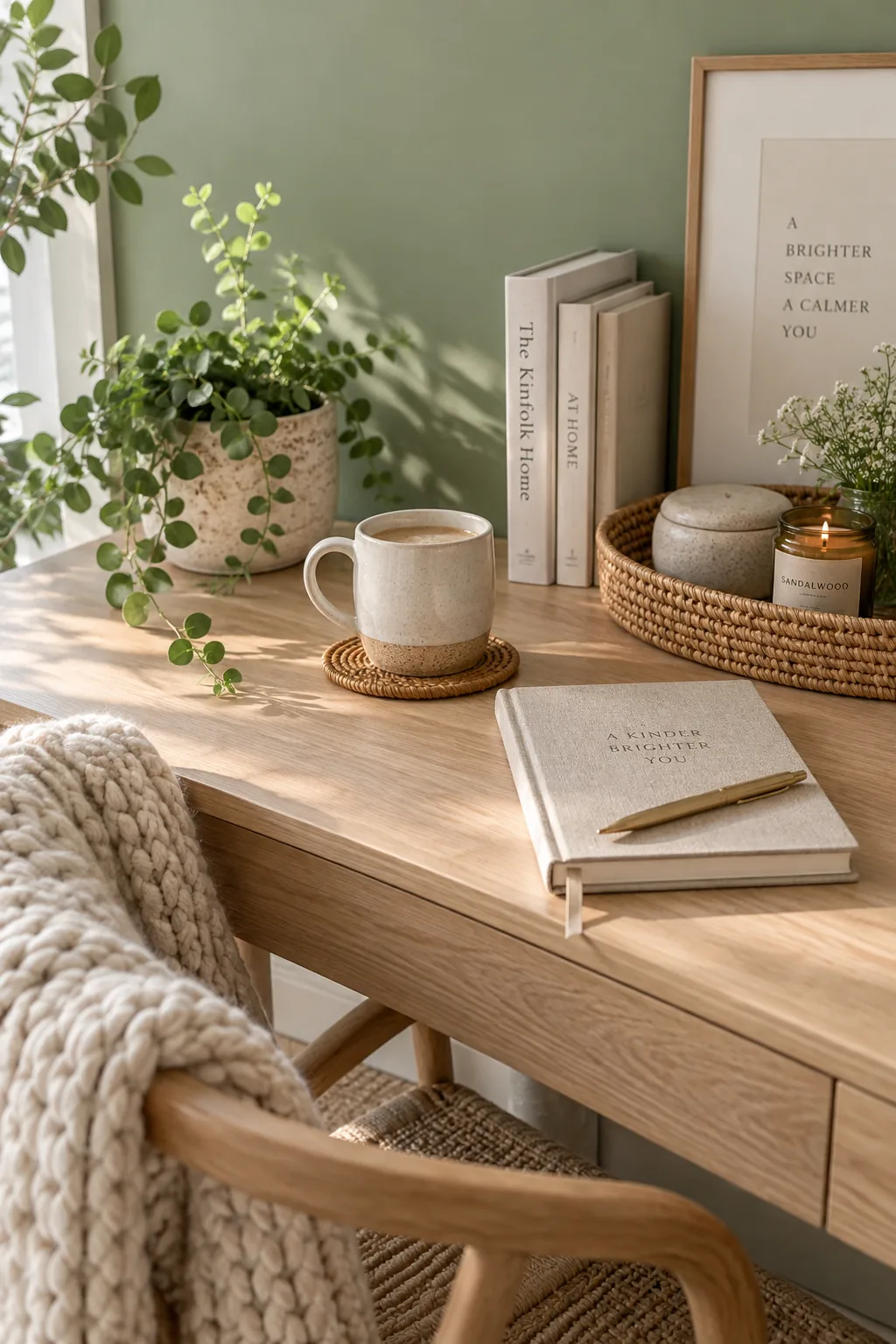 Light sage green office with a vintage leather chair and rattan baskets
