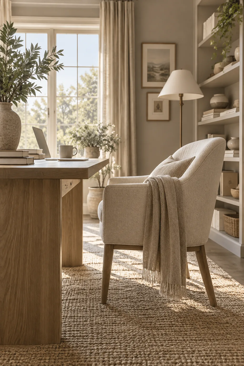 Warm greige home office with crisp white trim and linen curtains