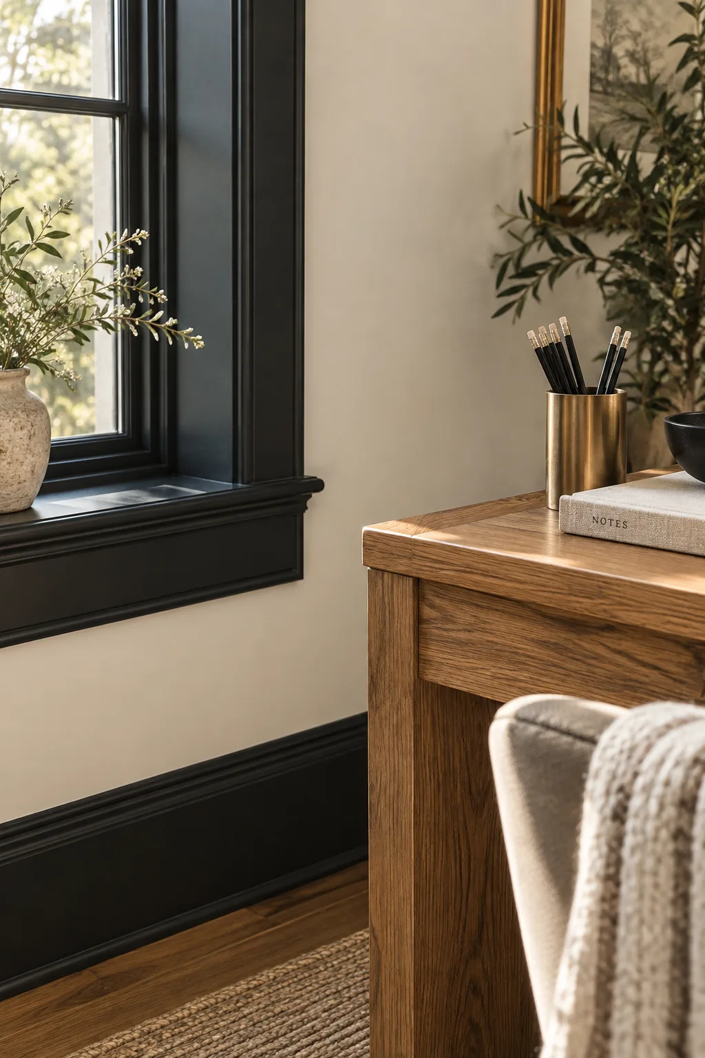 Home office with creamy white walls and dark charcoal painted trim