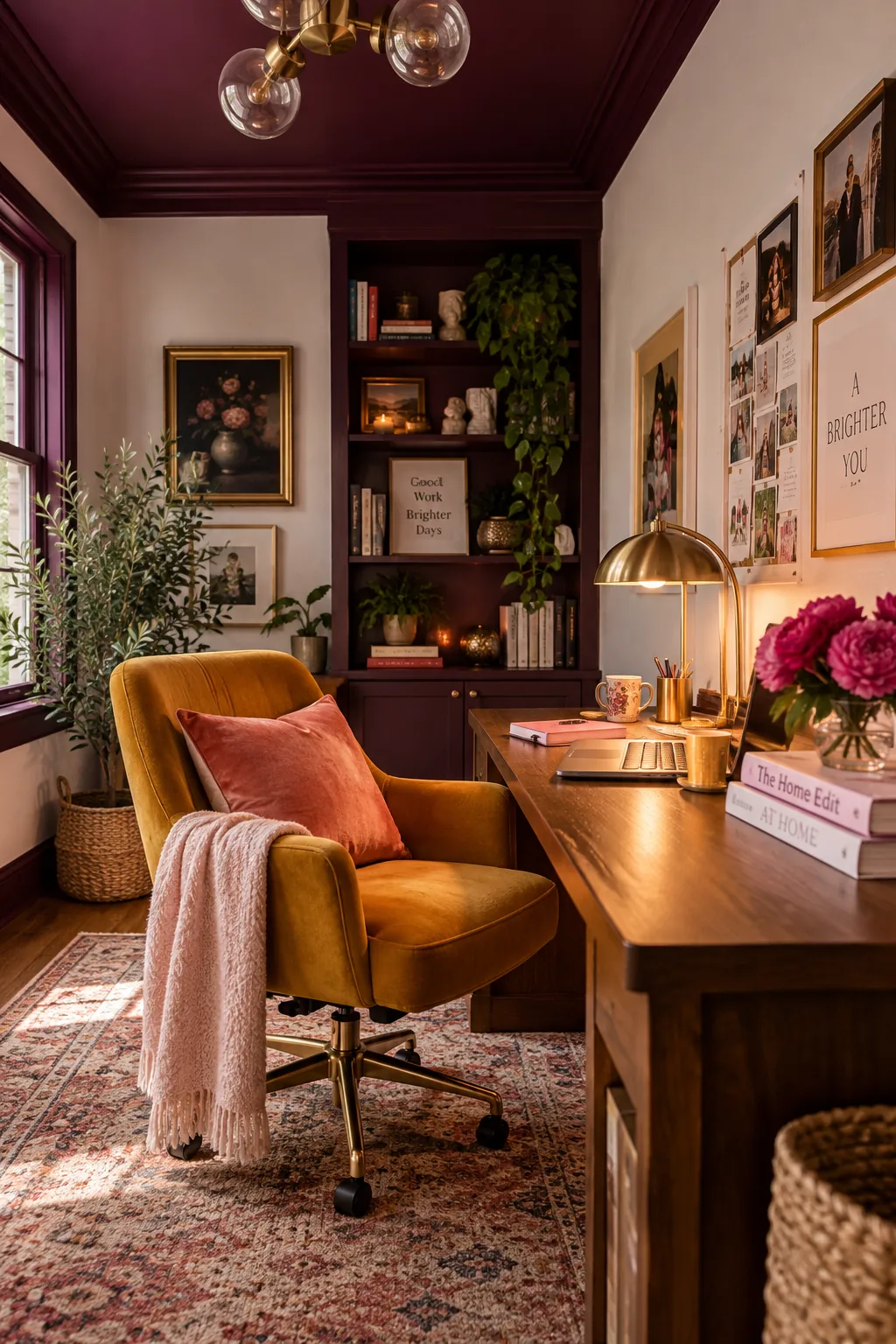 Office featuring soft cream walls and a dark moody plum painted ceiling