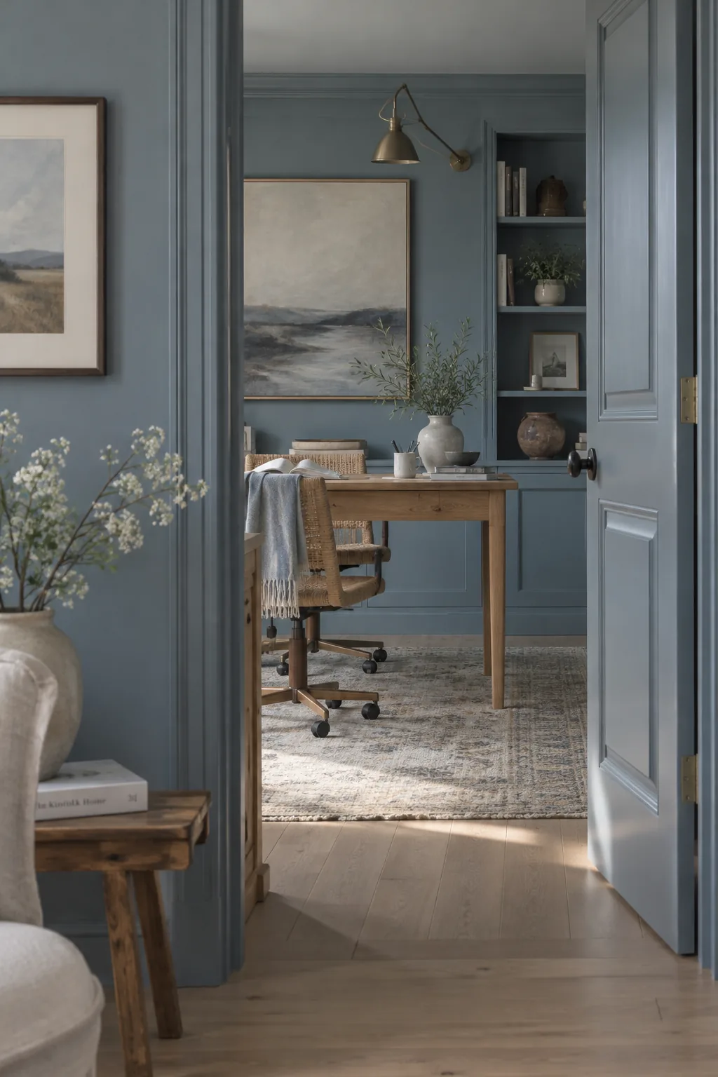 Dusty blue office with matching walls, trim, and doors