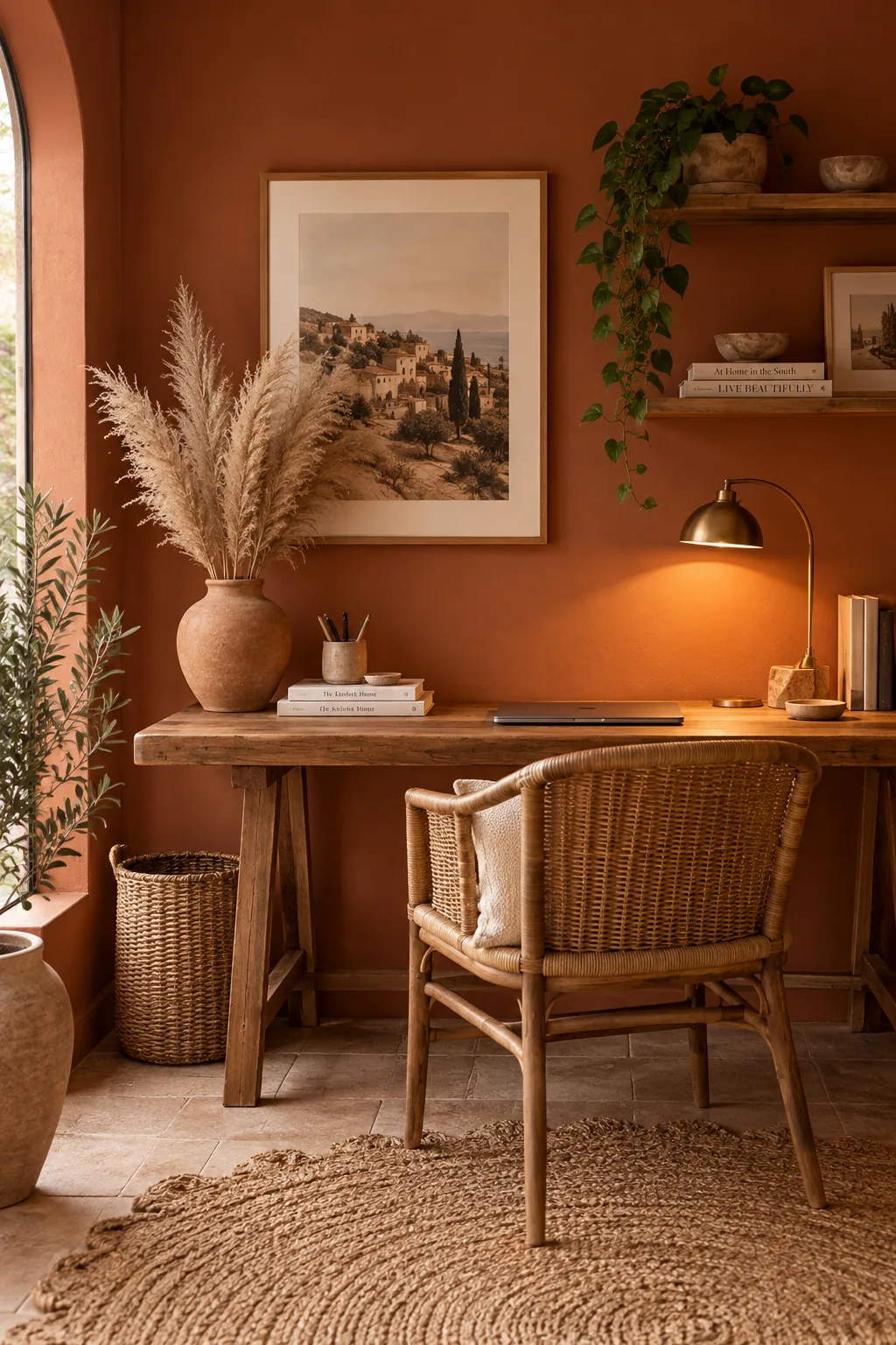 Terracotta painted home office with an olive tree and oak floors