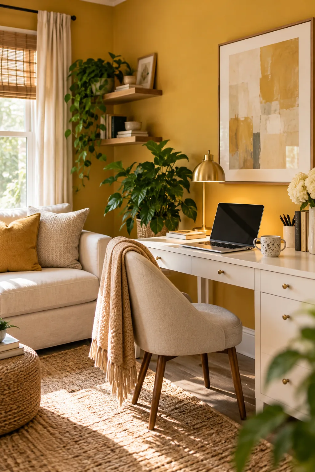 Muted mustard yellow office with neutral white furniture