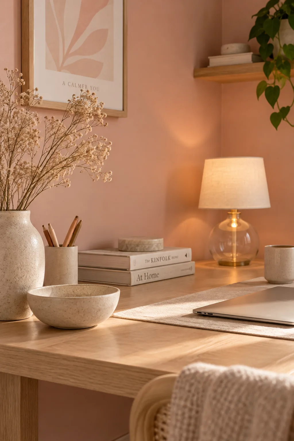 Windowless office painted in soft blush pink with bright desk lighting