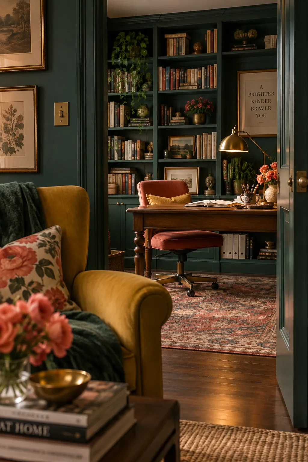 Deep forest green office walls with a modern desk and bookshelves