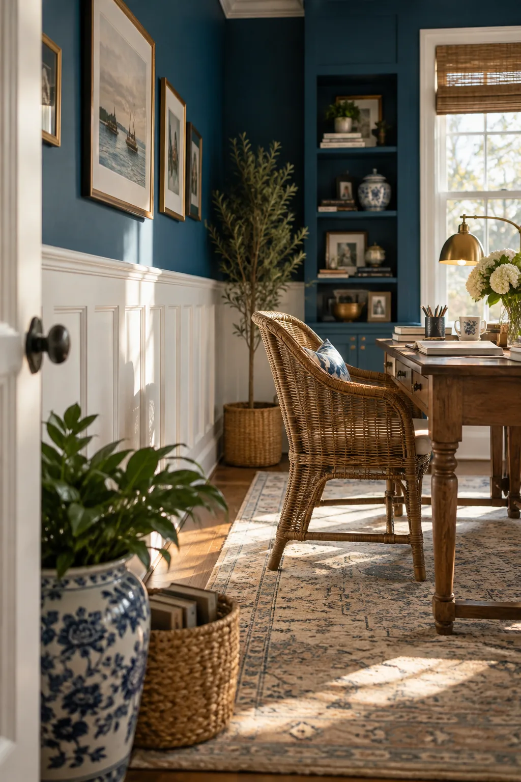 Office featuring white lower wainscoting and bold peacock blue upper walls