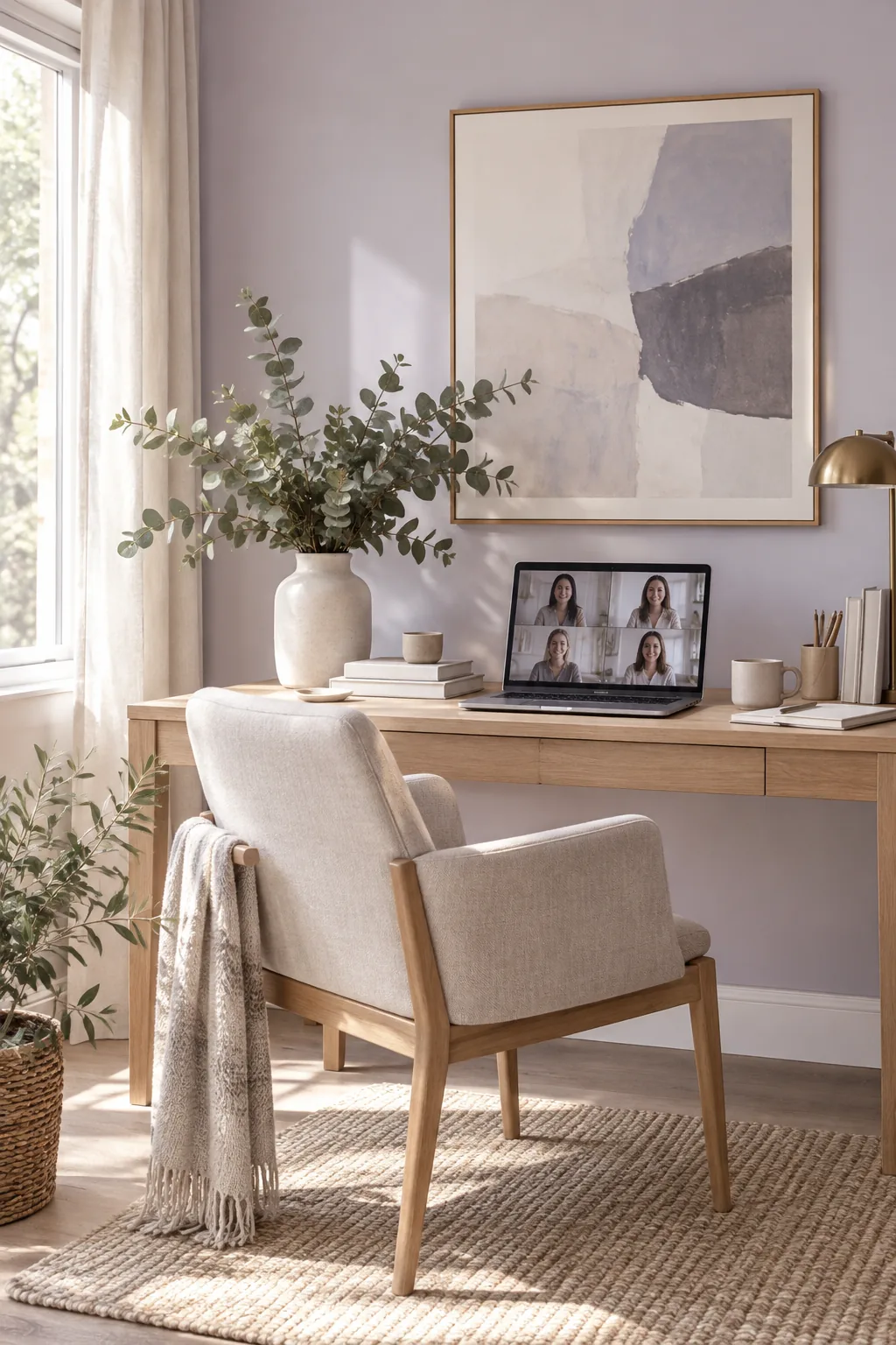 Sophisticated pale lavender office with gray undertones and minimal decor