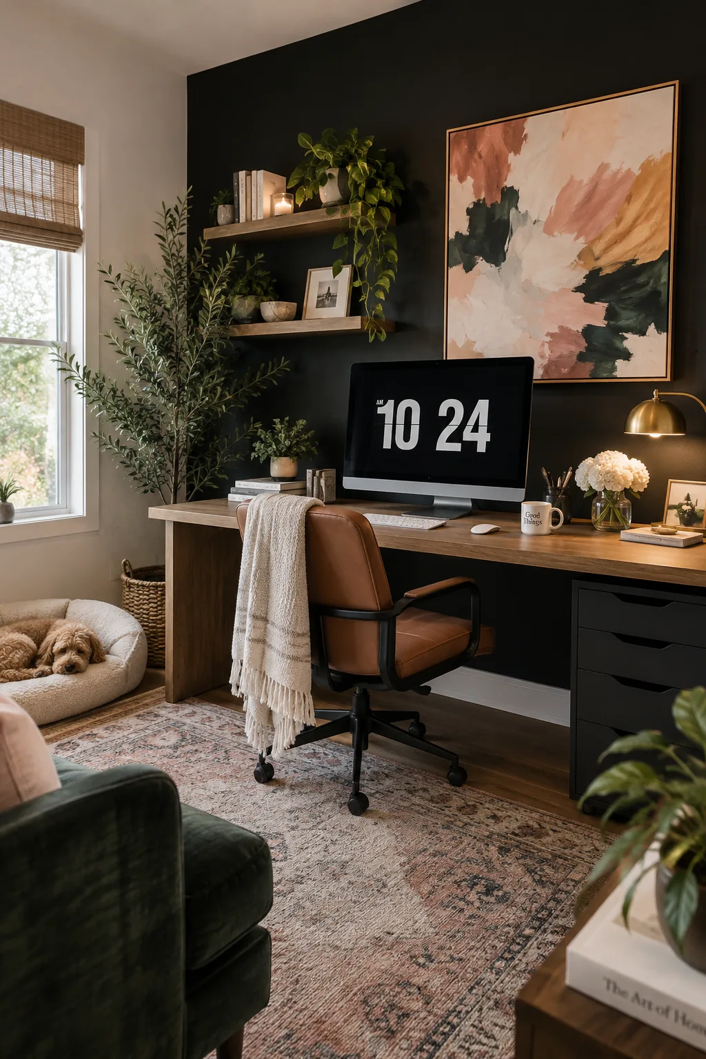 Home office with a matte black accent wall behind a modern computer desk