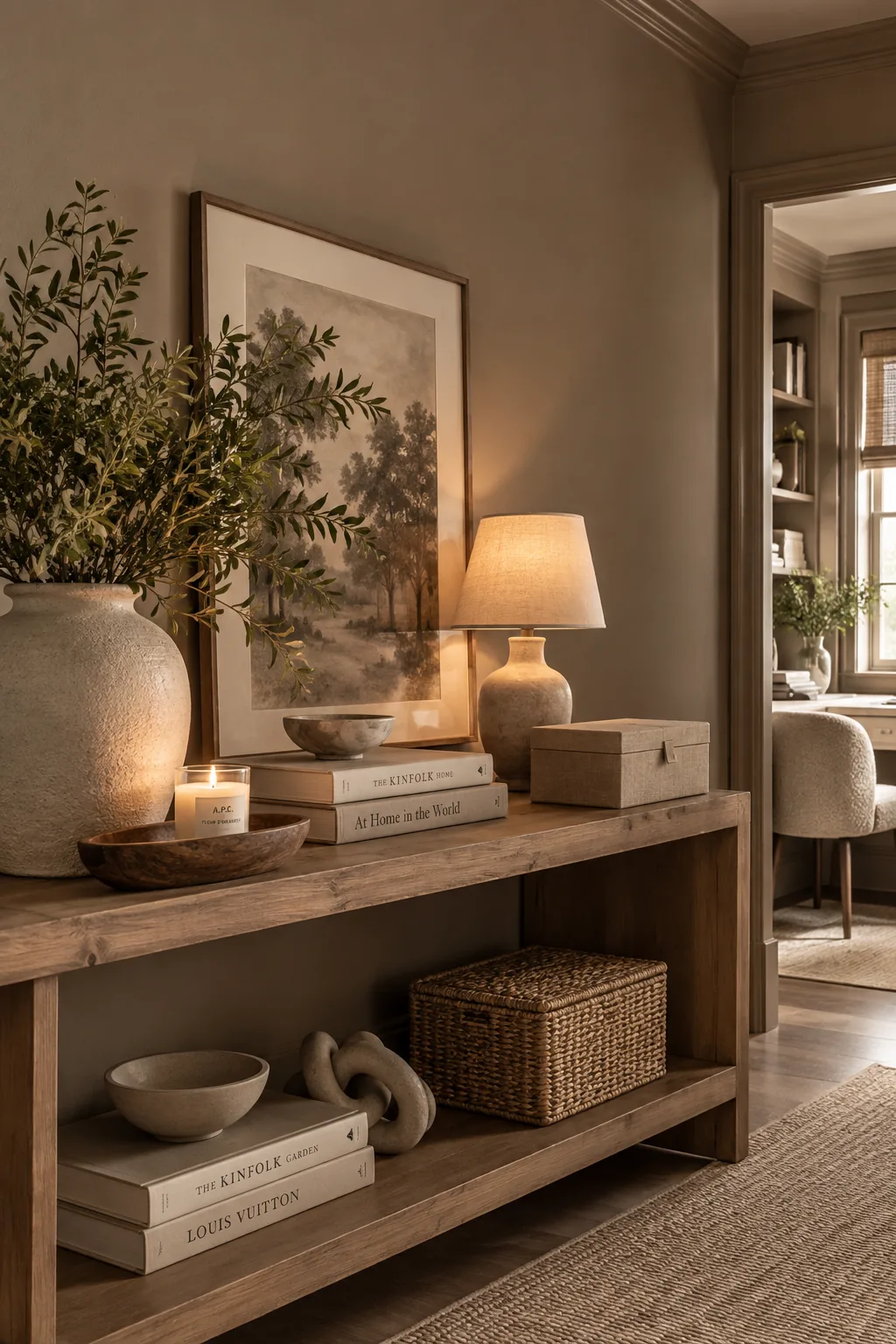 Office completely color-drenched in warm taupe including walls and trim