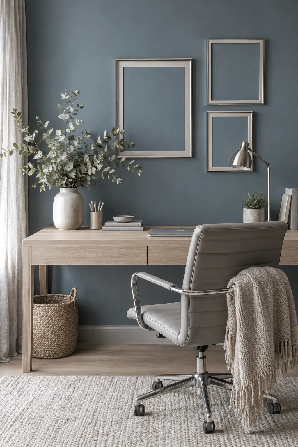 Chalky blue-gray office with polished nickel lamps and black-and-white art