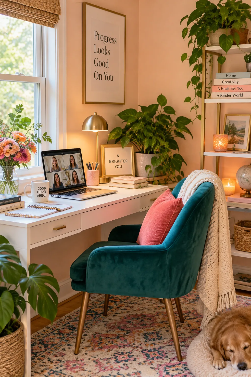 Creamy peach office walls bathed in warm afternoon sunlight