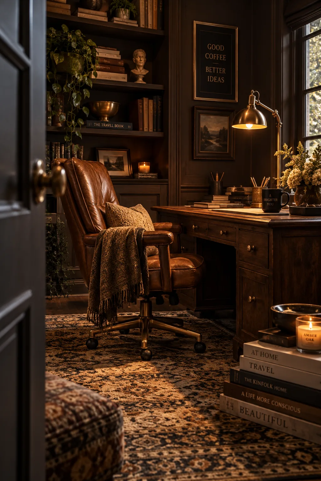 Dark espresso brown office with rich wood tones and vintage decor