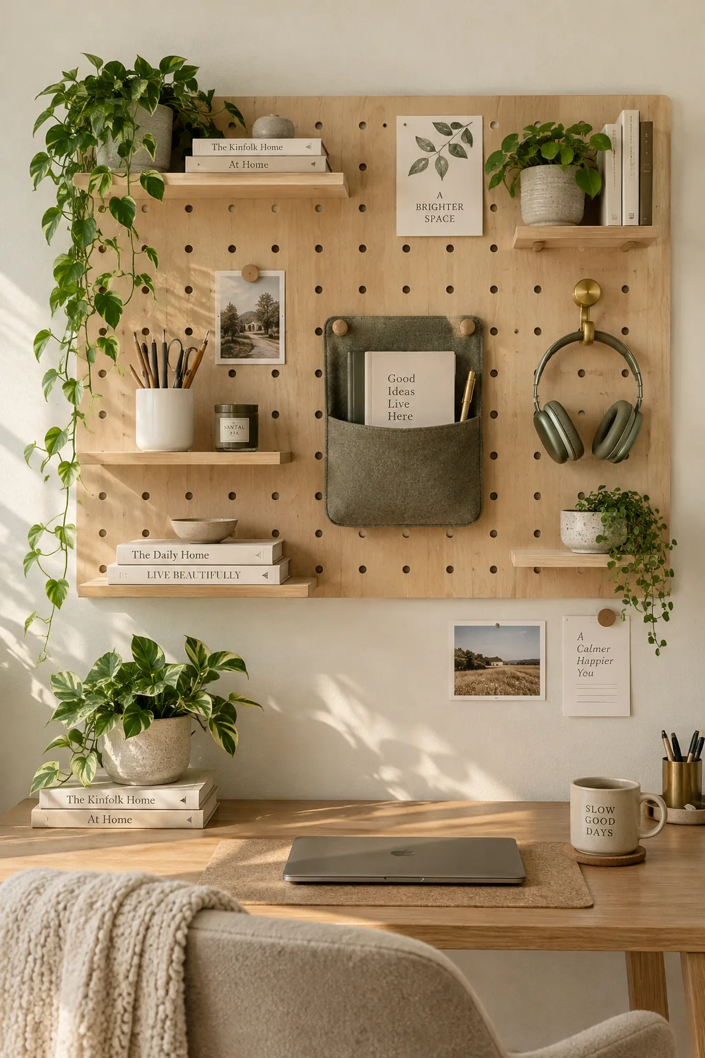 Wooden desk with a white modular pegboard system holding shelves and baskets.