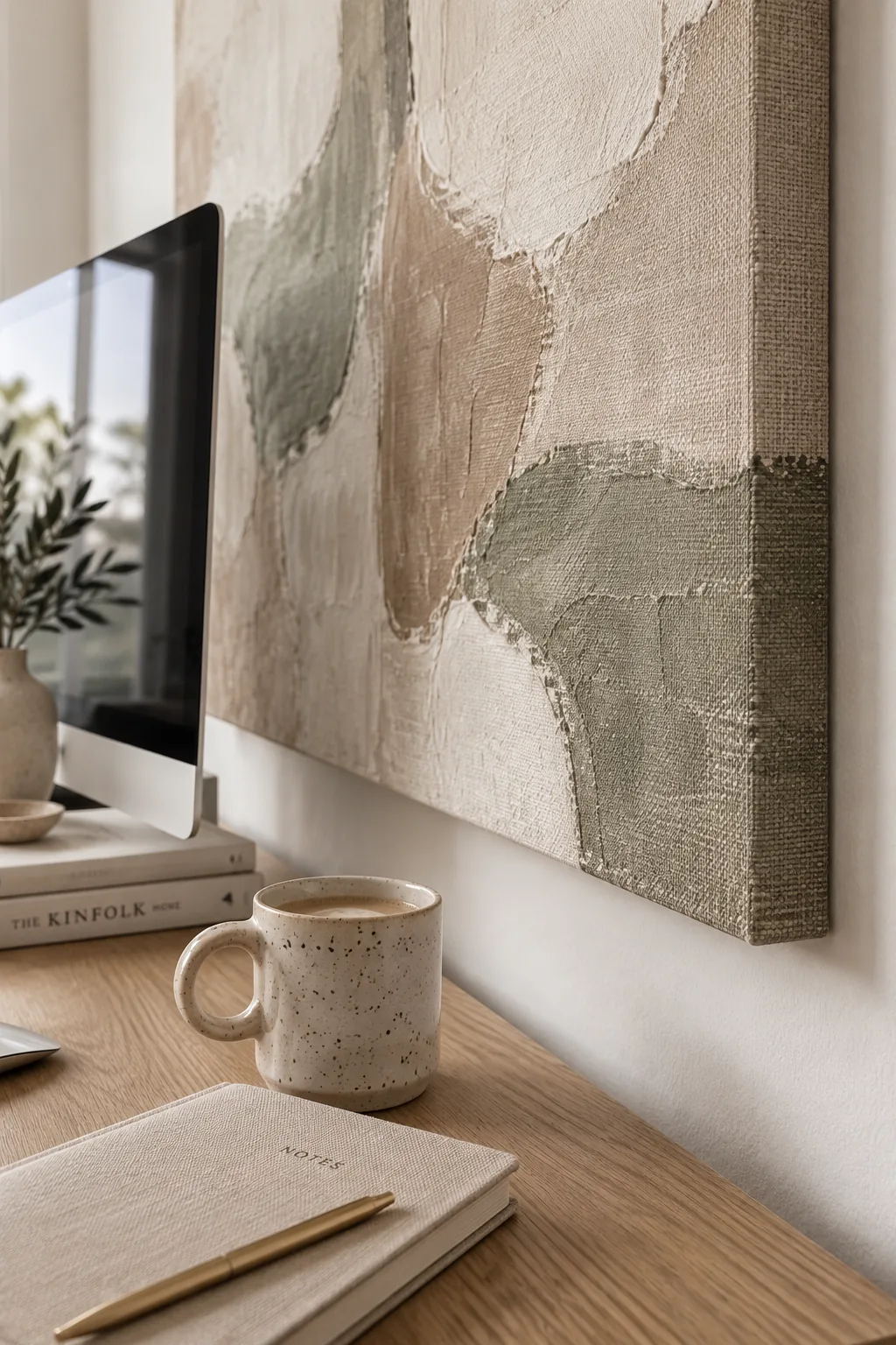 Large abstract canvas print hanging above a minimalist home office desk.