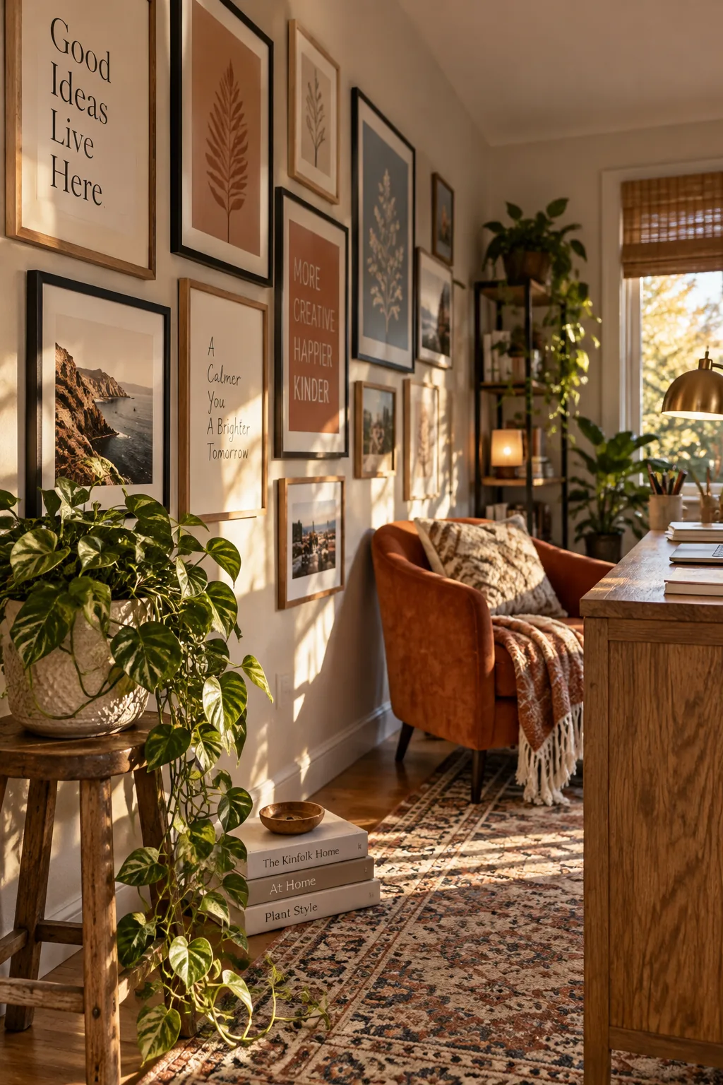 Home office wall featuring a black and white gallery wall arrangement.