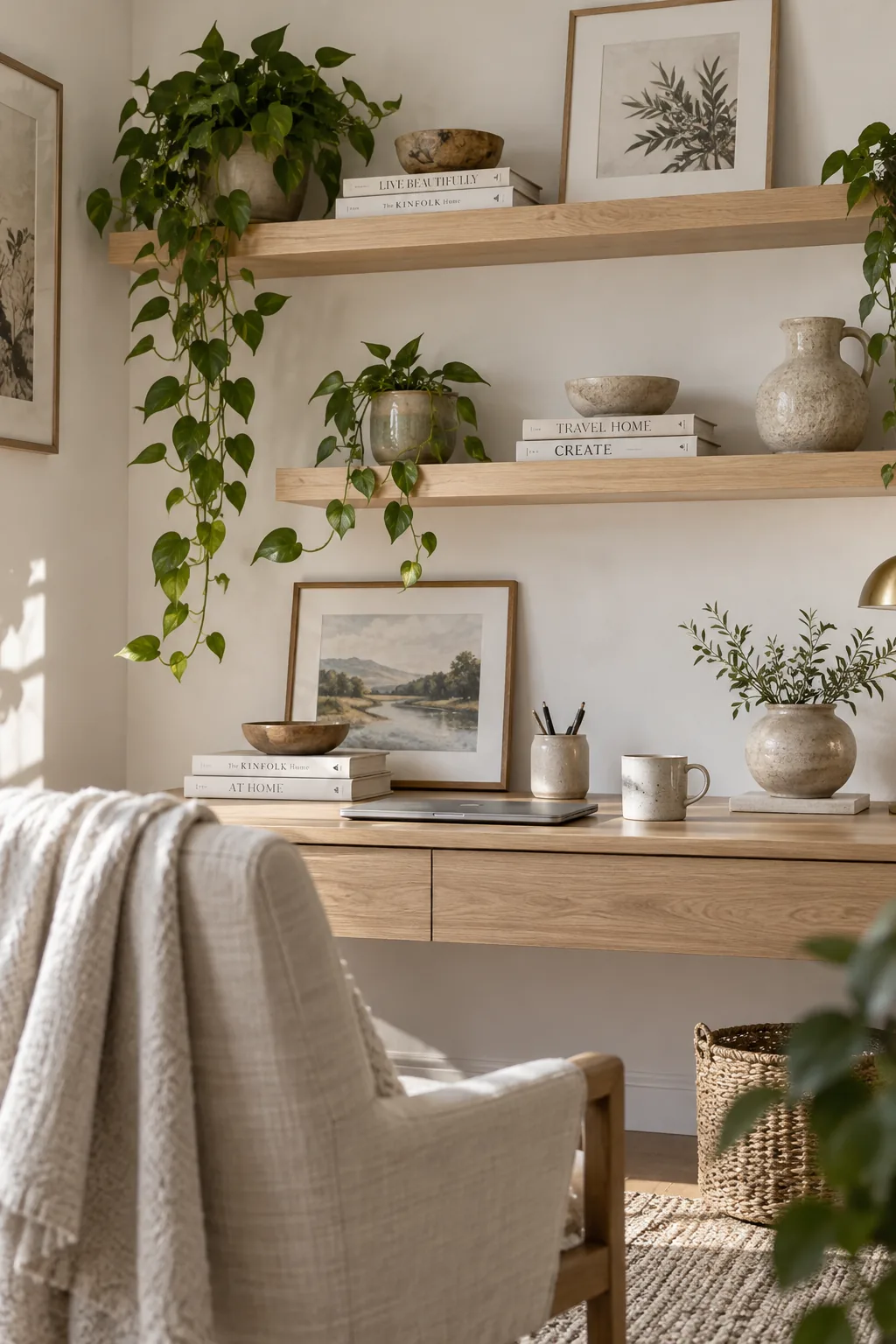 Wood floating shelves styled with trailing plants and leaning art above a desk.