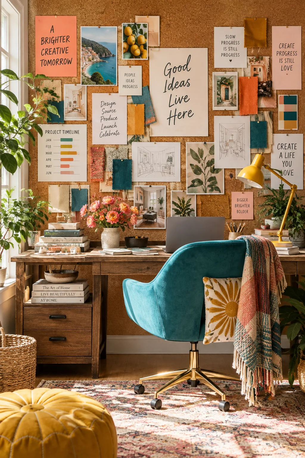 Large cork board wall panel covered in fabric swatches and notes behind a monitor.