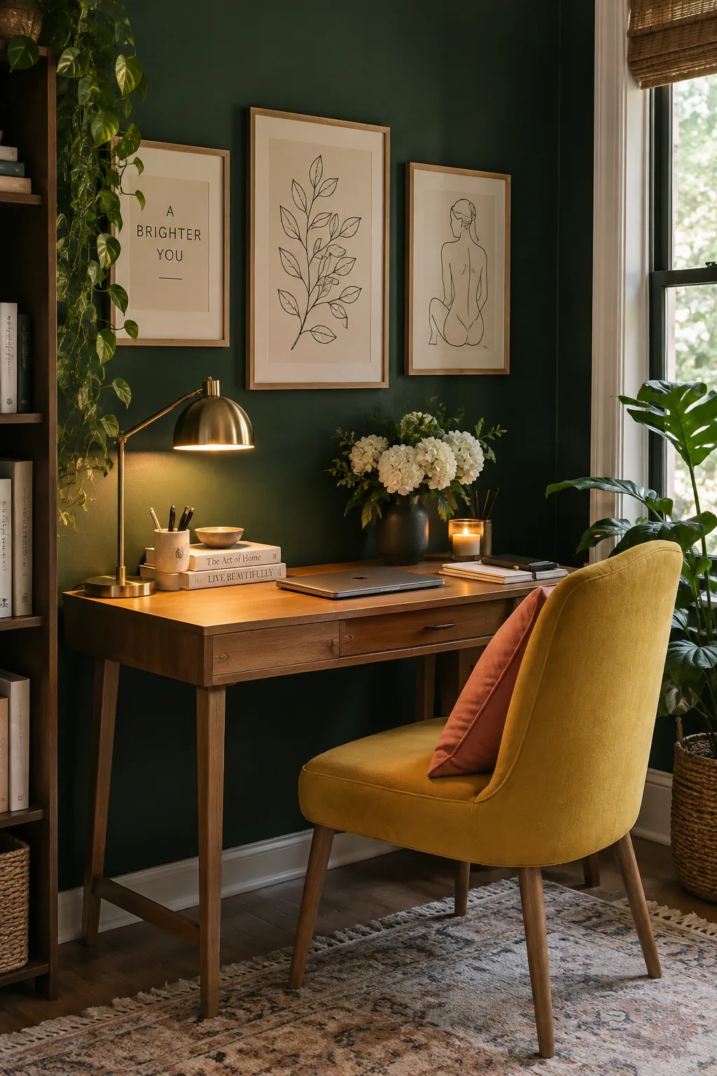 Home office with a dark charcoal accent wall displaying framed artwork.