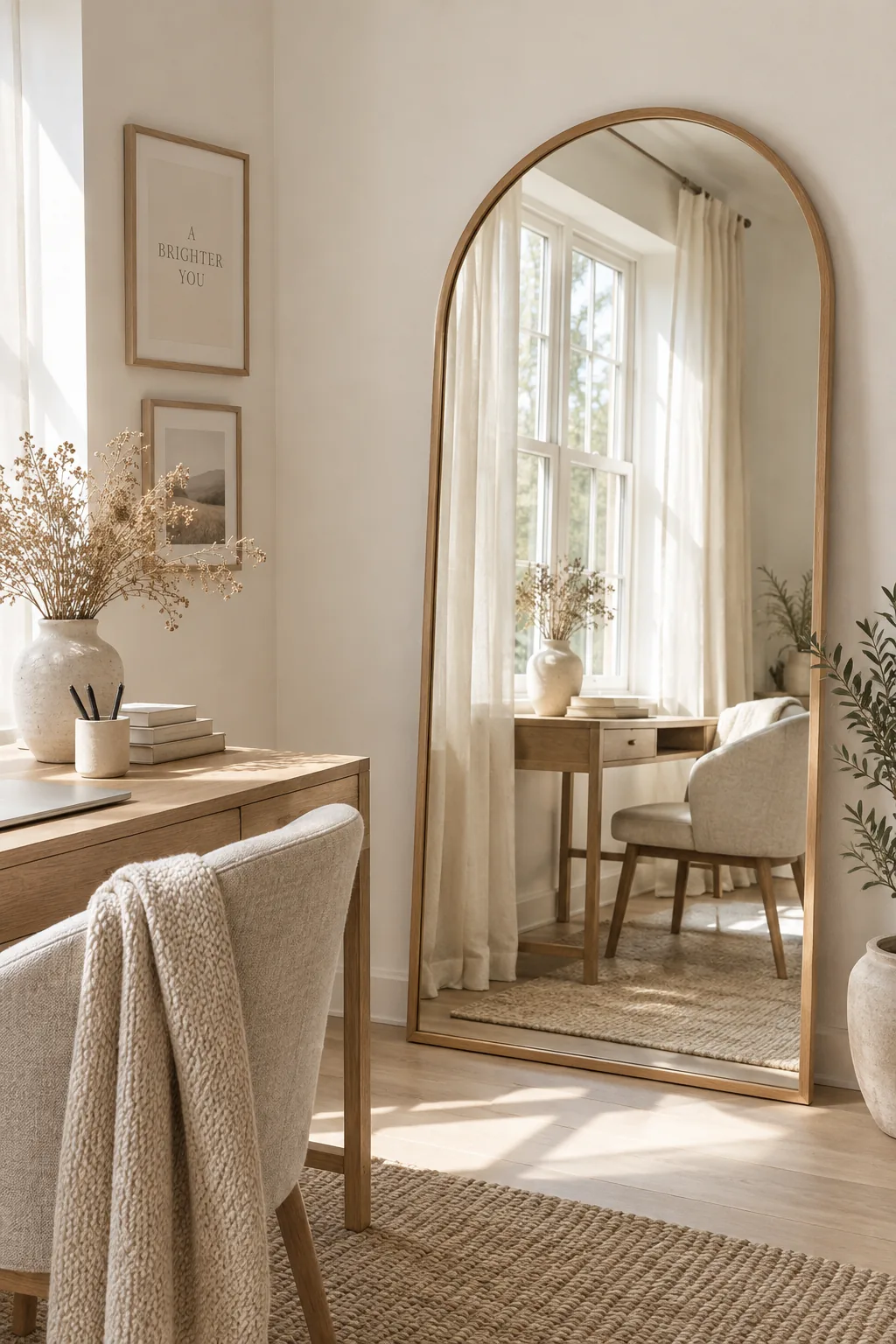 Large arched mirror hanging on a home office wall reflecting natural light.