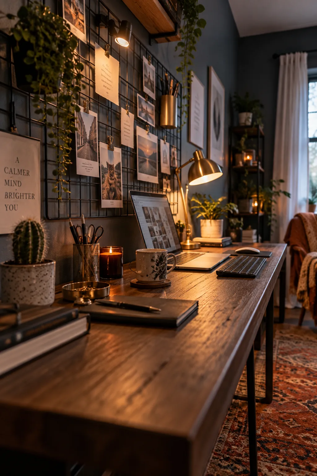 Black wire grid organizer holding notes and photos above a modern desk.