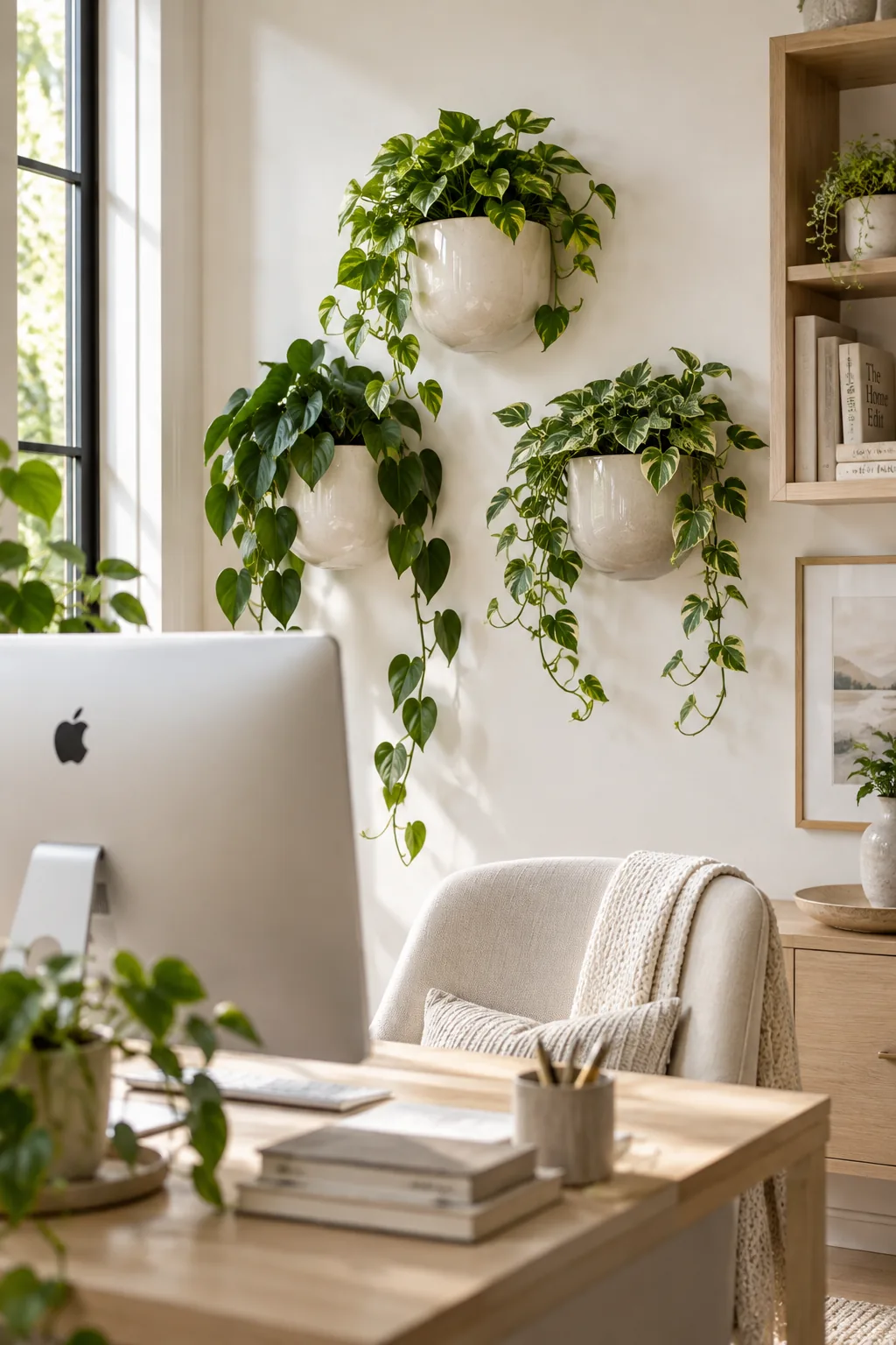 White ceramic wall planters with trailing pothos plants in a home office.