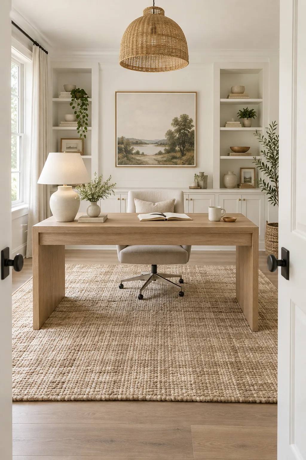 A large wooden desk placed in the center of a home office over a vintage rug.