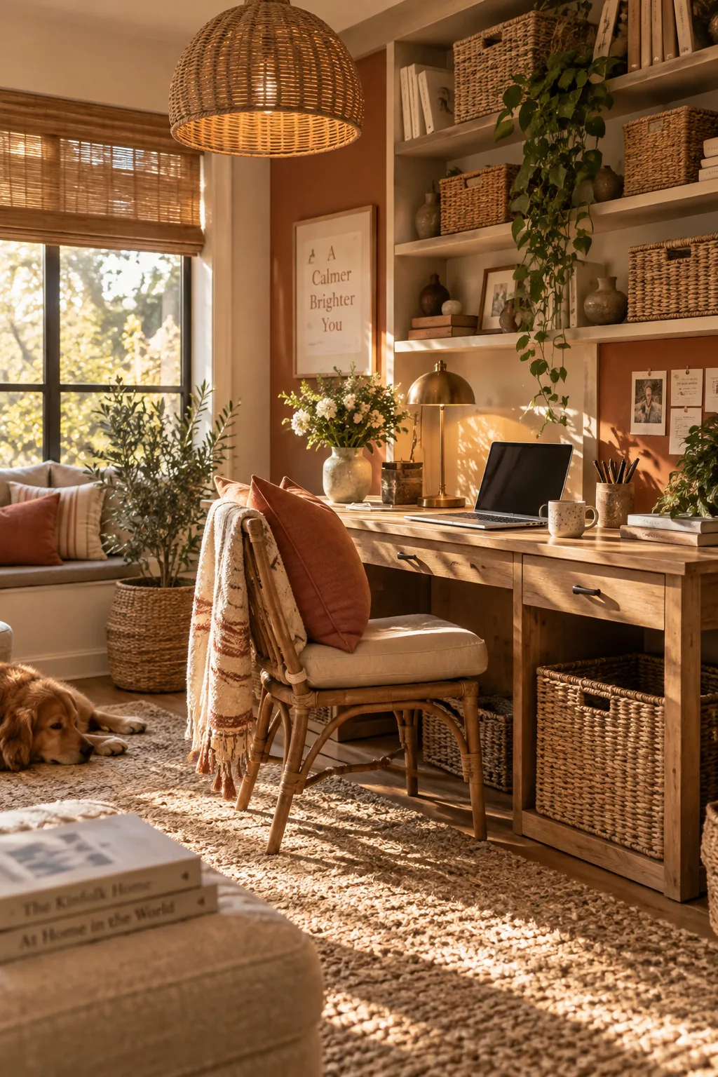 Woven storage baskets neatly arranged on white office shelves.