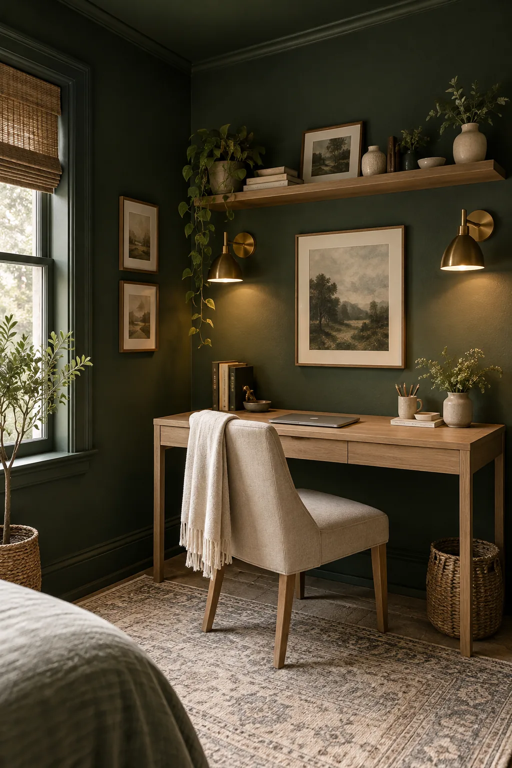A moody home office painted entirely in dark green, including the ceiling.