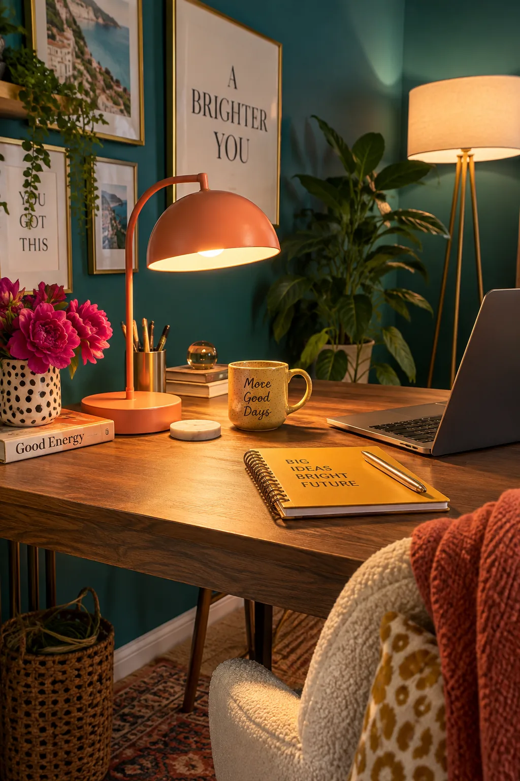 A brass desk lamp and a soft floor lamp glowing in a home office.