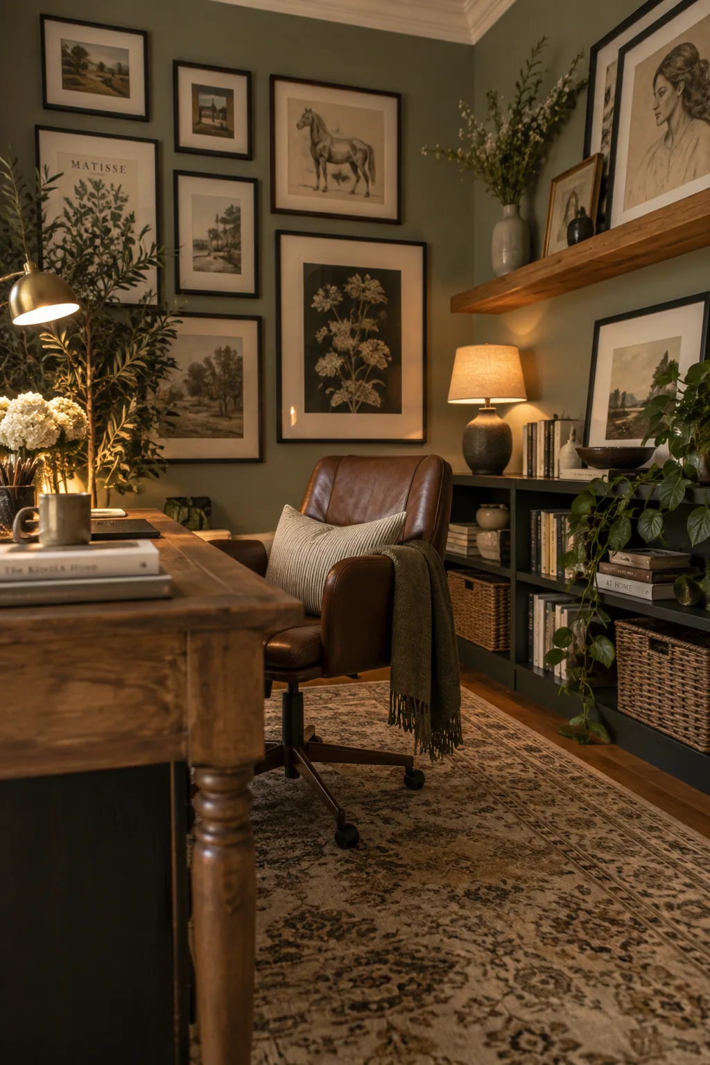 A home office wall featuring a mix of vintage art and modern typography in black frames.