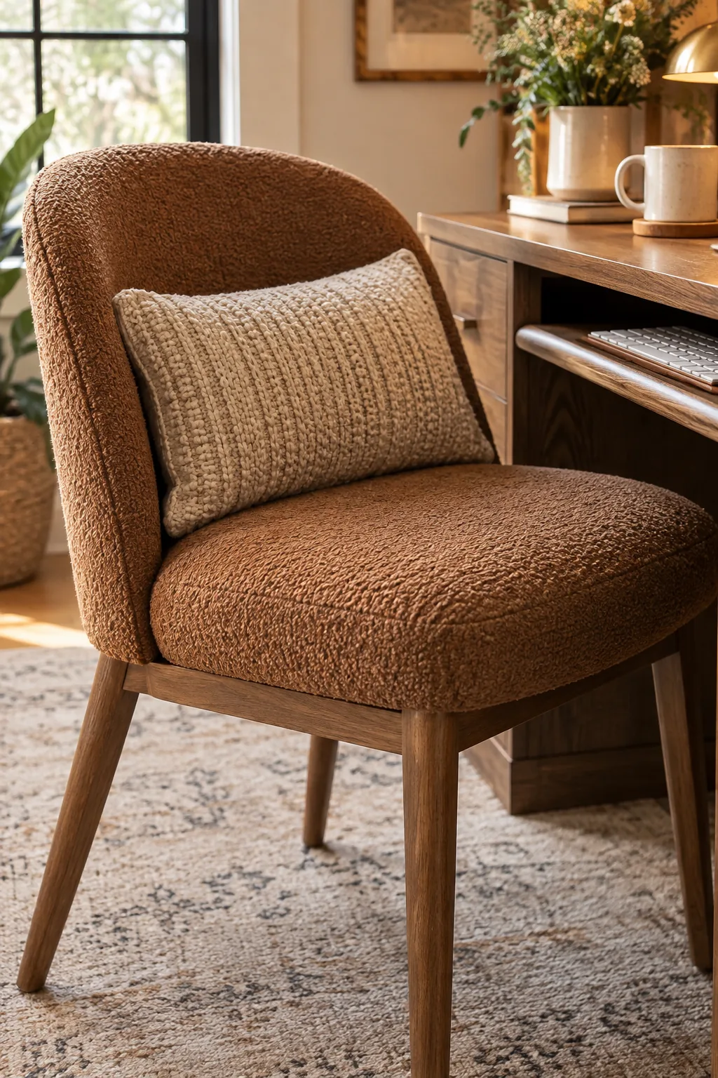 A beautiful upholstered armchair used as a desk chair in a home office.