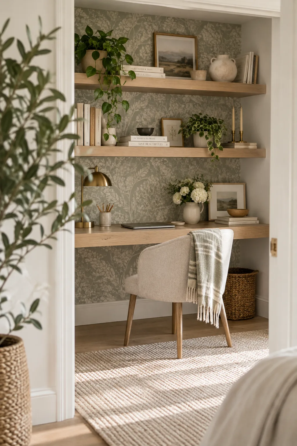 A small home office built into a closet space with a floating wood desk.