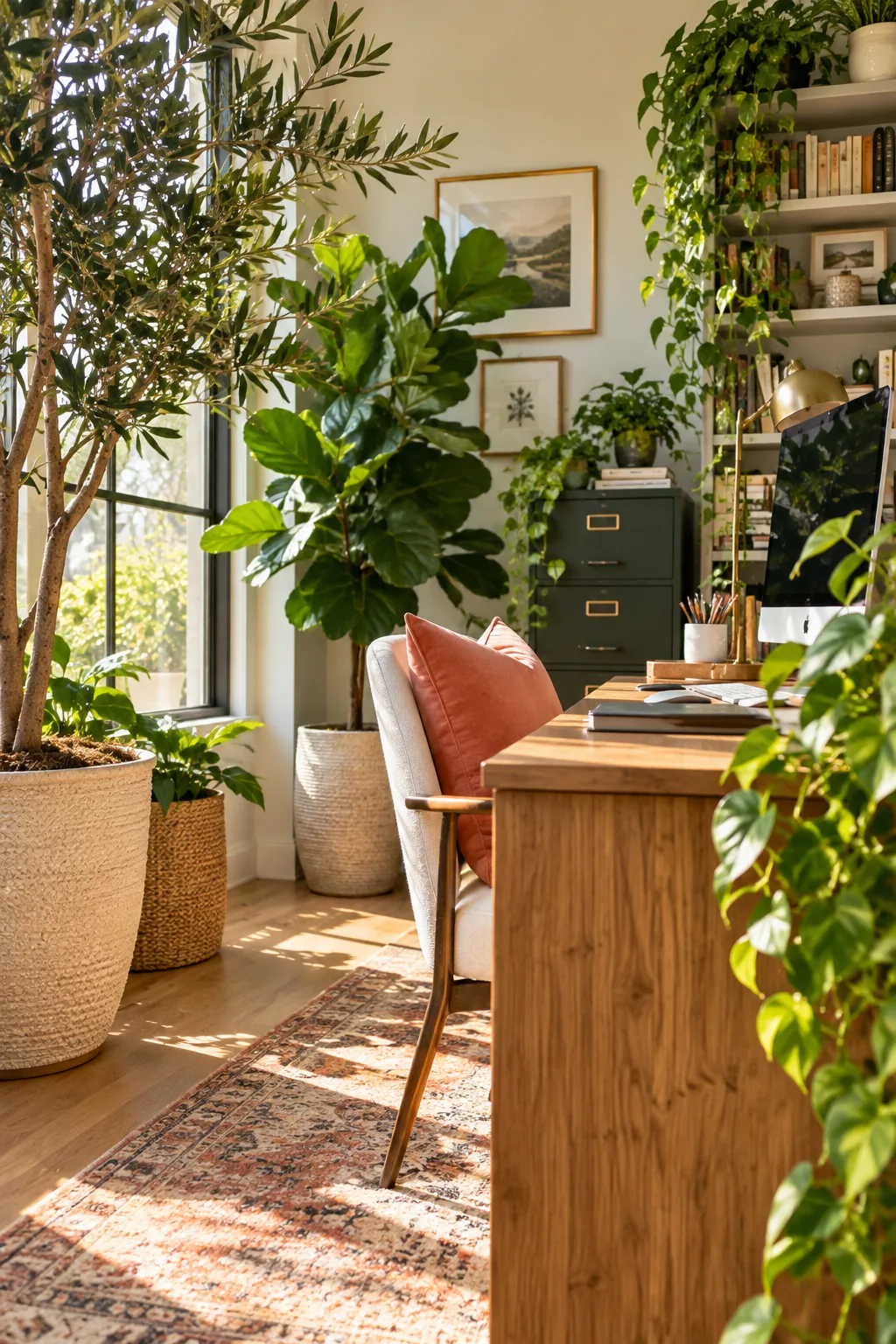 A tall potted olive tree standing in the corner of a bright home office.