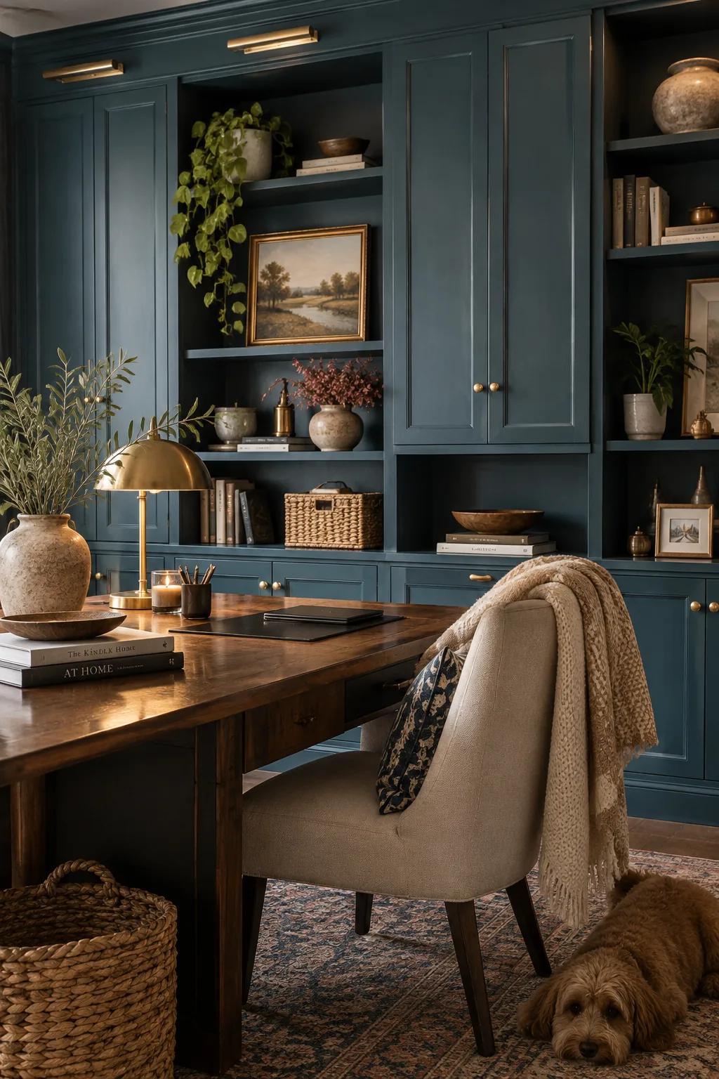 Floor-to-ceiling office built-ins painted in a contrasting navy blue.