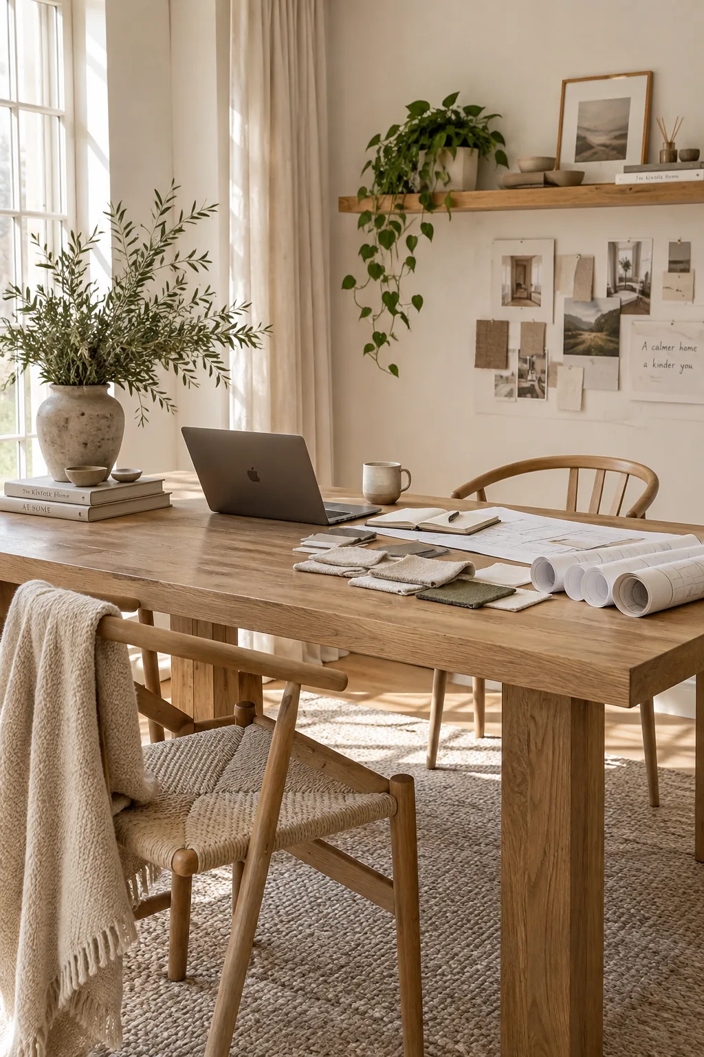 A large solid oak dining table used as a desk in a spacious home office.