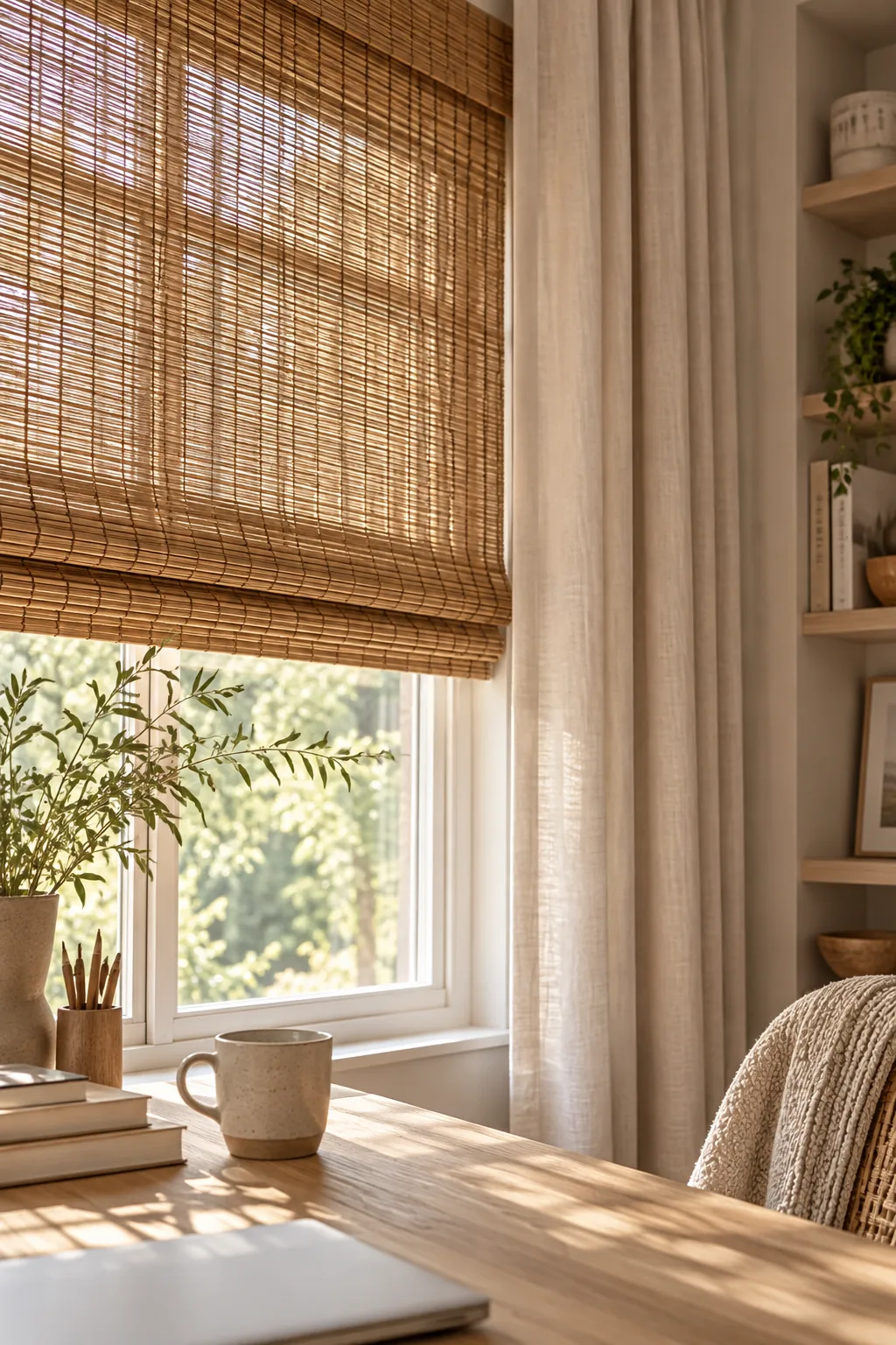 Woven bamboo roman shades hanging above a window in a home office.